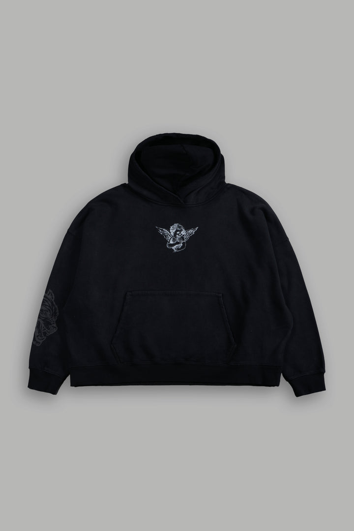 Shielded Heart Destroyed Grunge "Gage Box Cut" Hoodie in Black Drift Wash