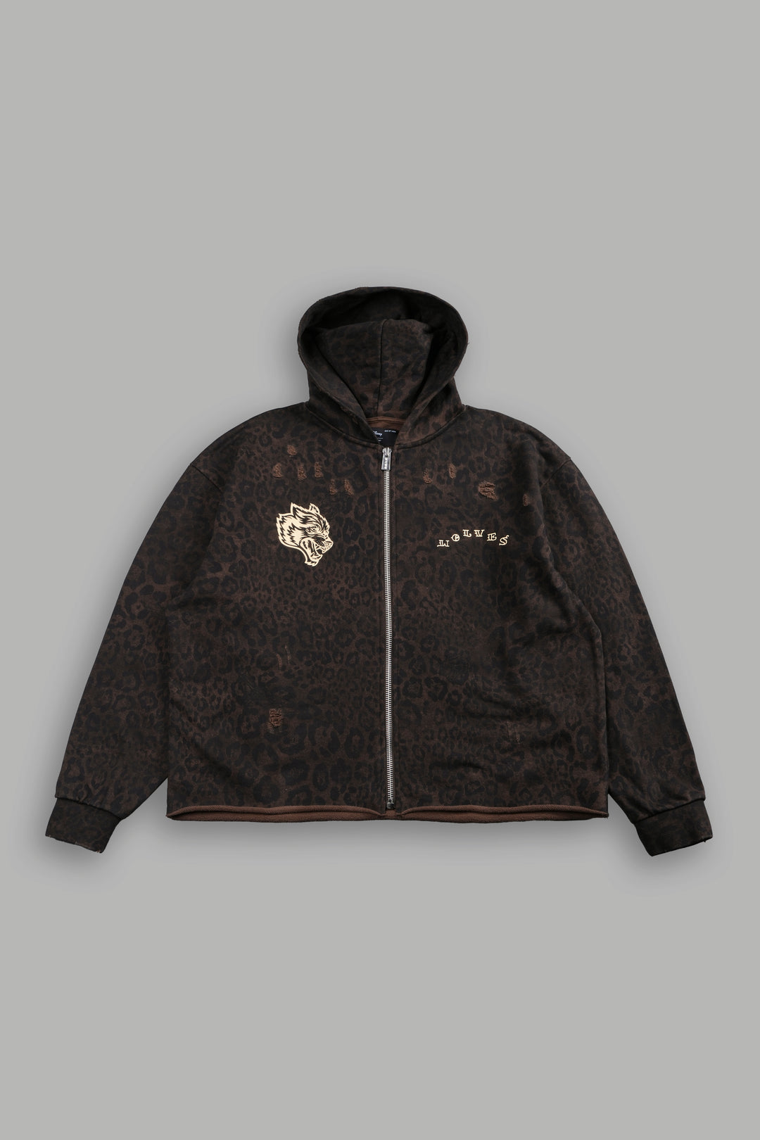 Mickey Mouse Pyramid Distressed Grunge Mid Length Raw Hem Zip Hoodie in Darc Brown Leopard