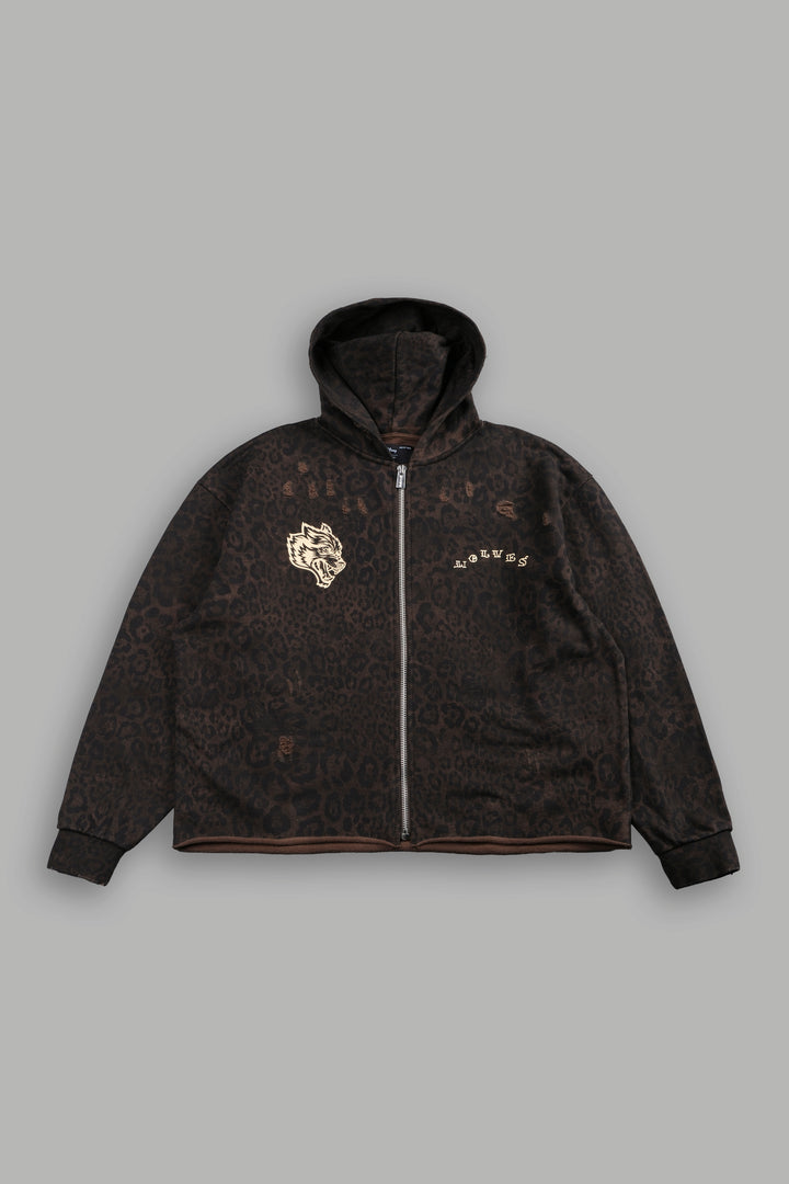 Mickey Mouse Pyramid Distressed Grunge Mid Length Raw Hem Zip Hoodie in Darc Brown Leopard