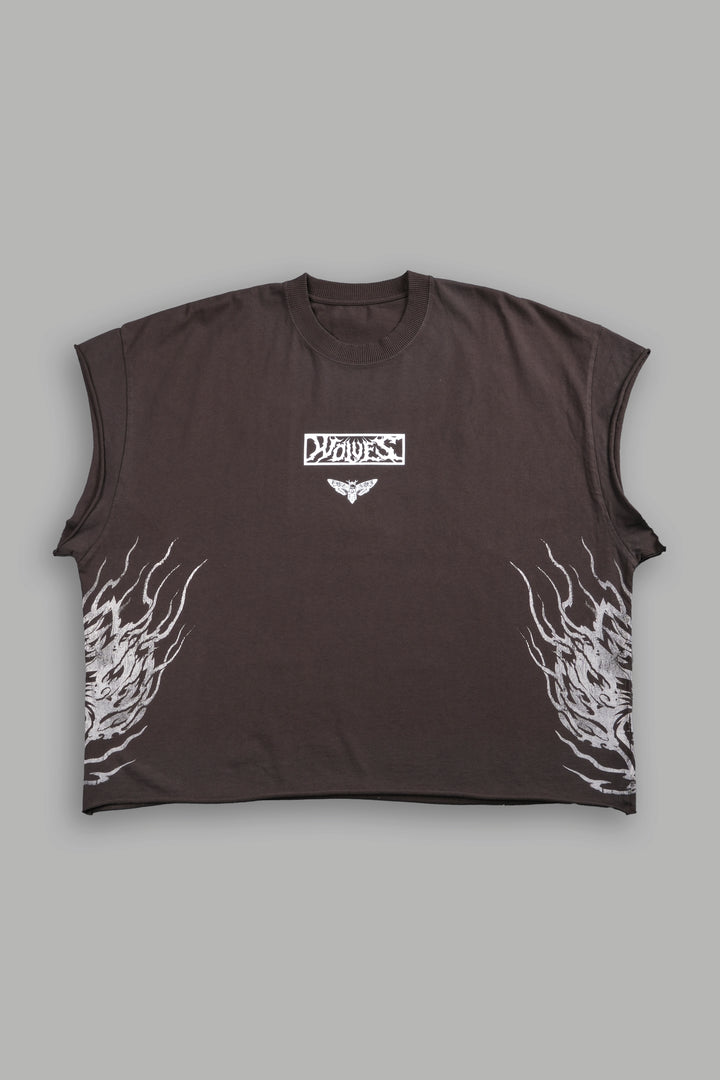 Death's-Head Grunge Cut-Off Mid Length Raw Hem Tee in Darc Brown Drift Wash