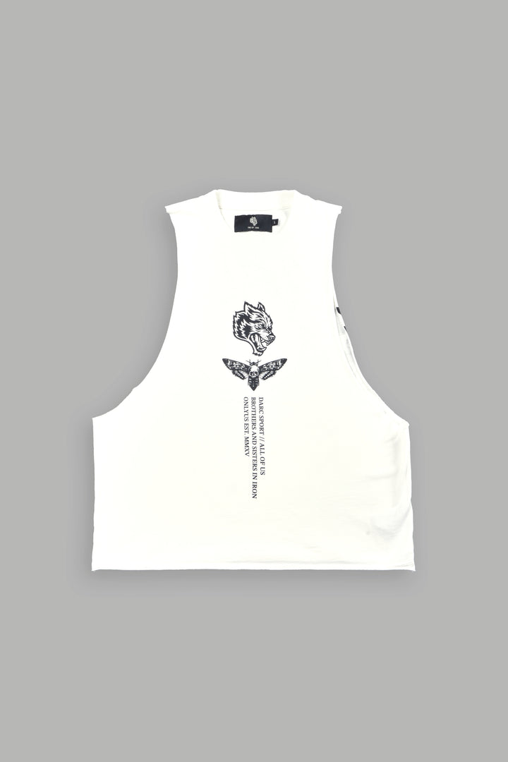 Big Wolf Head Grunge Raw Hem Box Cut Tommy Muscle Tee In Cream