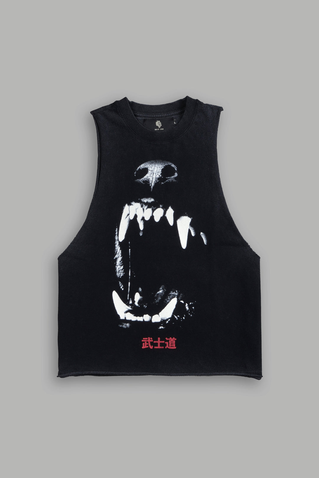 Blood Thirsty Kanji Grunge Raw Cropped "Tommy" Muscle Tee in Black