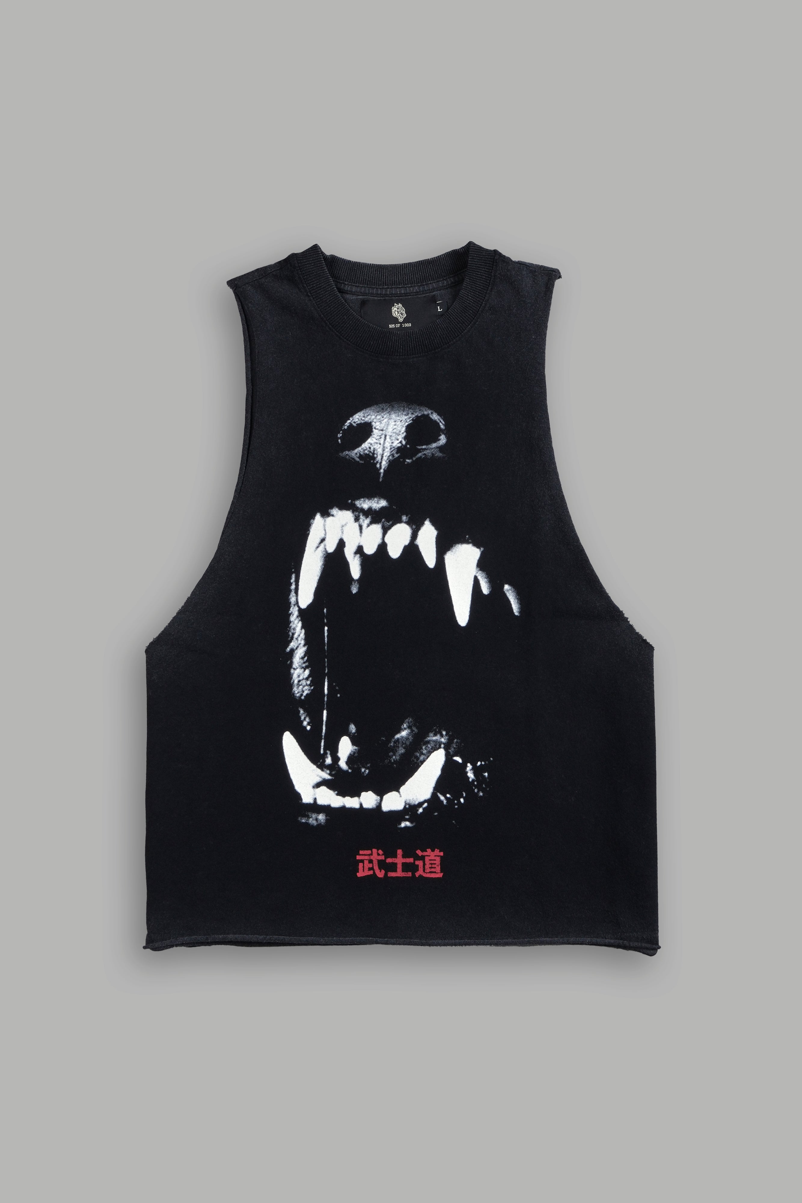 Blood Thirsty Kanji Grunge Raw Cropped "Tommy" Muscle Tee in Black