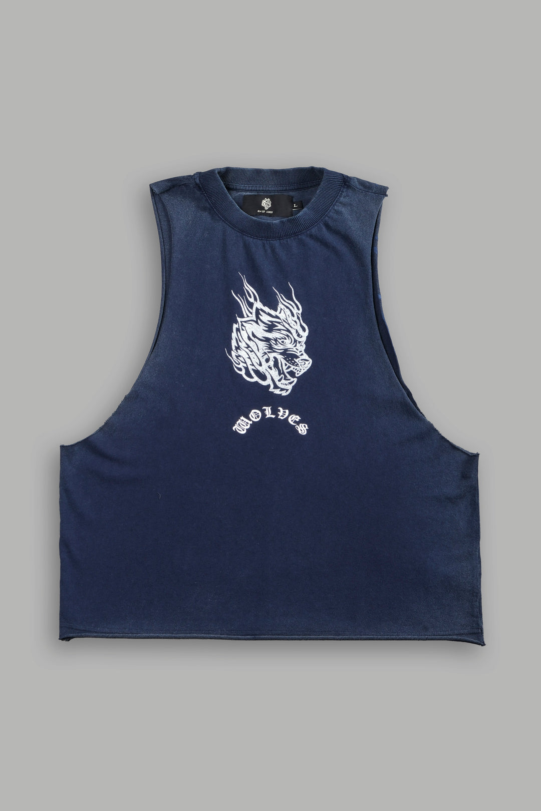 Okami Inferno Grunge Raw Hem Box Cut Tommy Muscle Tee in Navy
