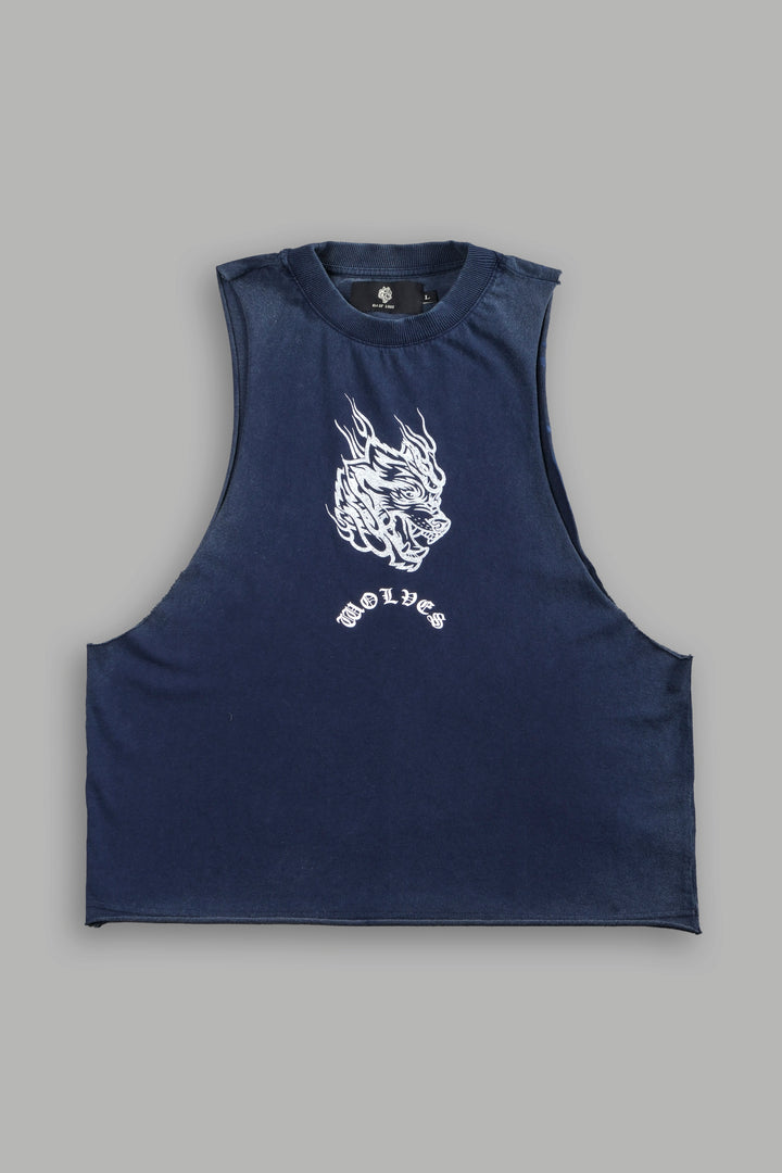 Okami Inferno Grunge Raw Hem Box Cut Tommy Muscle Tee in Navy