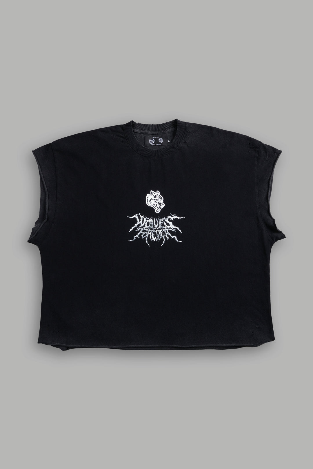 Upper Moon 1 Distressed Grunge Cut-Off Mid-Length Raw Hem Tee in Black