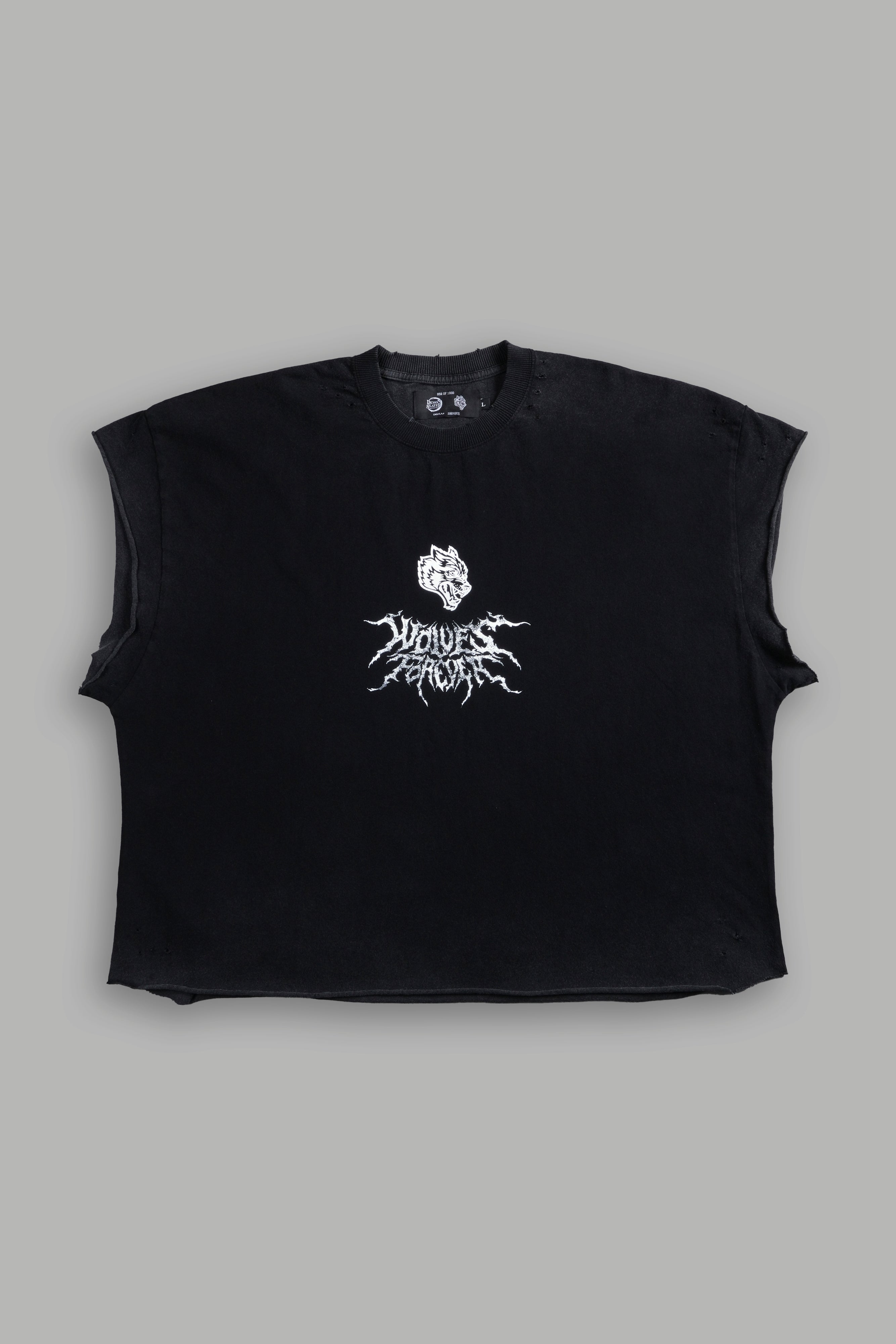 Upper Moon 1 Distressed Grunge Cut-Off Mid-Length Raw Hem Tee in Black