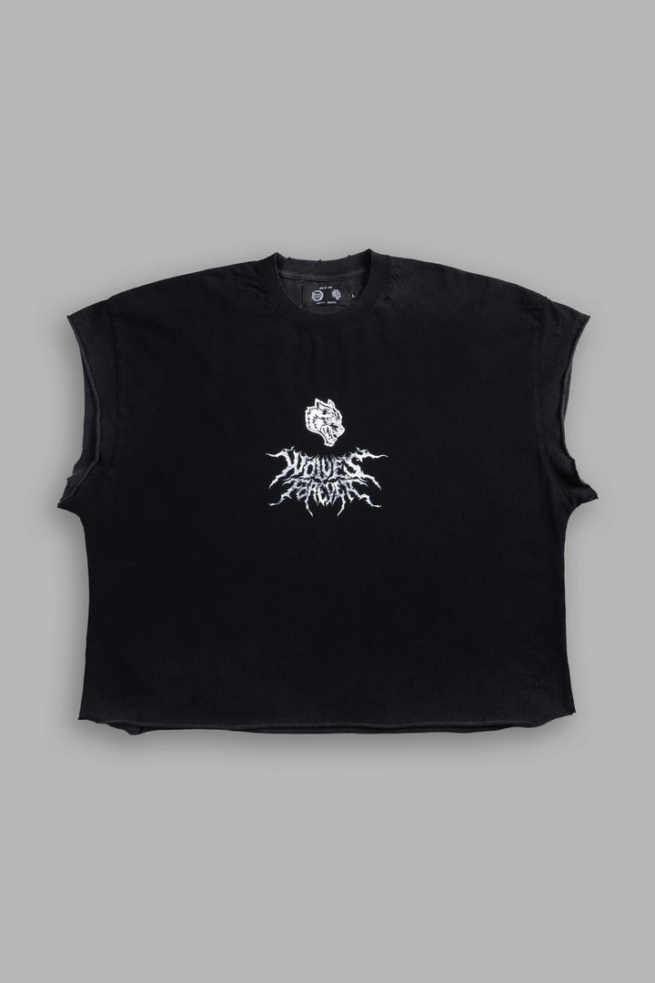 Upper Moon 1 Distressed Grunge Cut-Off Mid-Length Raw Hem Tee in Black