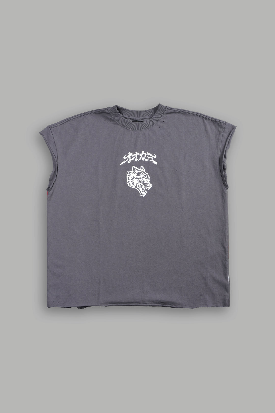 Our Code Distressed Grunge Cut Off Mid Length Raw Hem Tee in Slate Gray