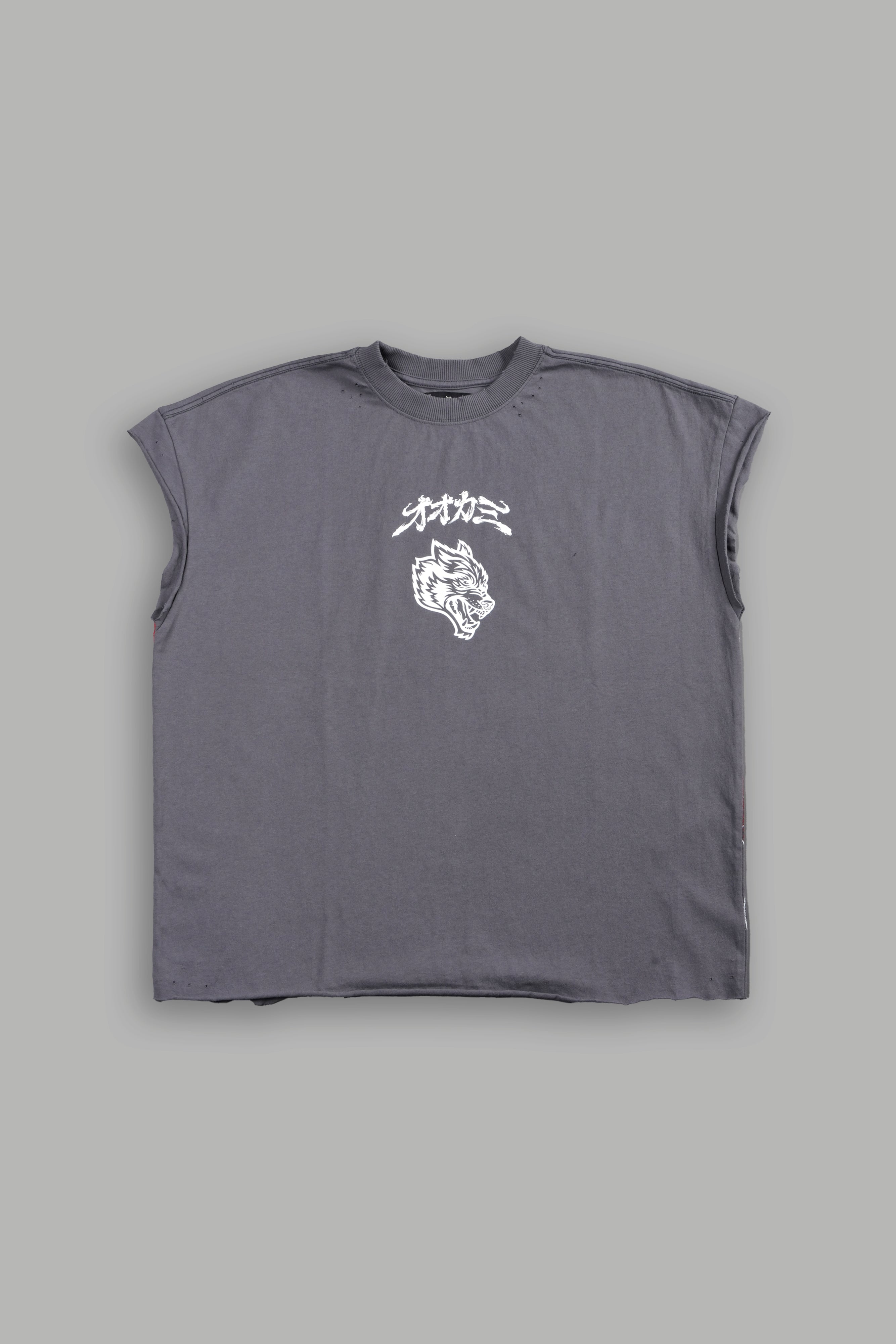 Our Code Distressed Grunge Cut Off Mid Length Raw Hem Tee in Slate Gray
