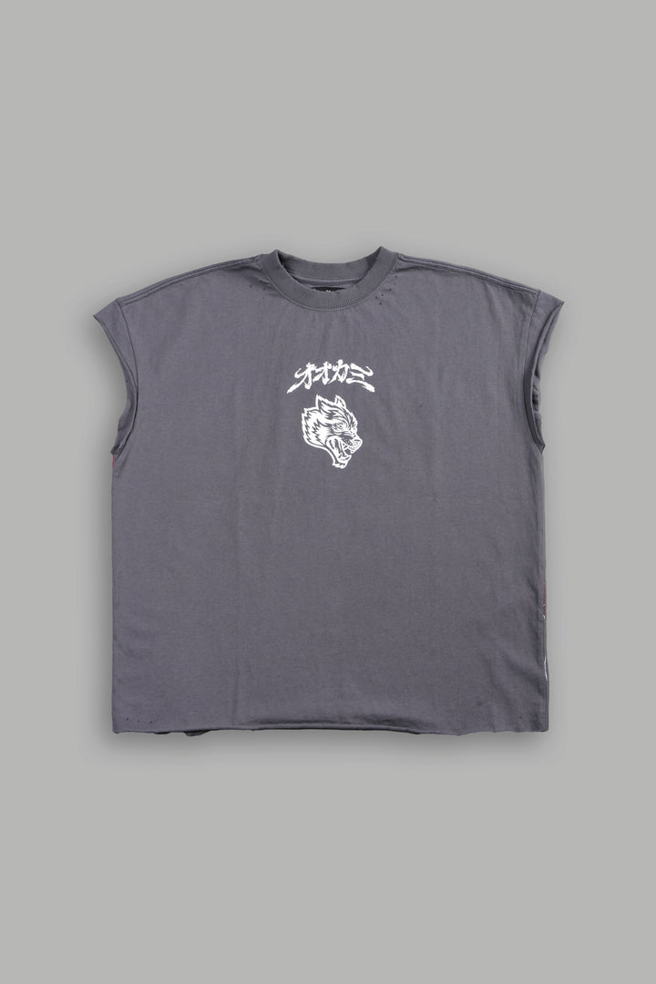 Our Code Distressed Grunge Cut Off Mid Length Raw Hem Tee in Slate Gray