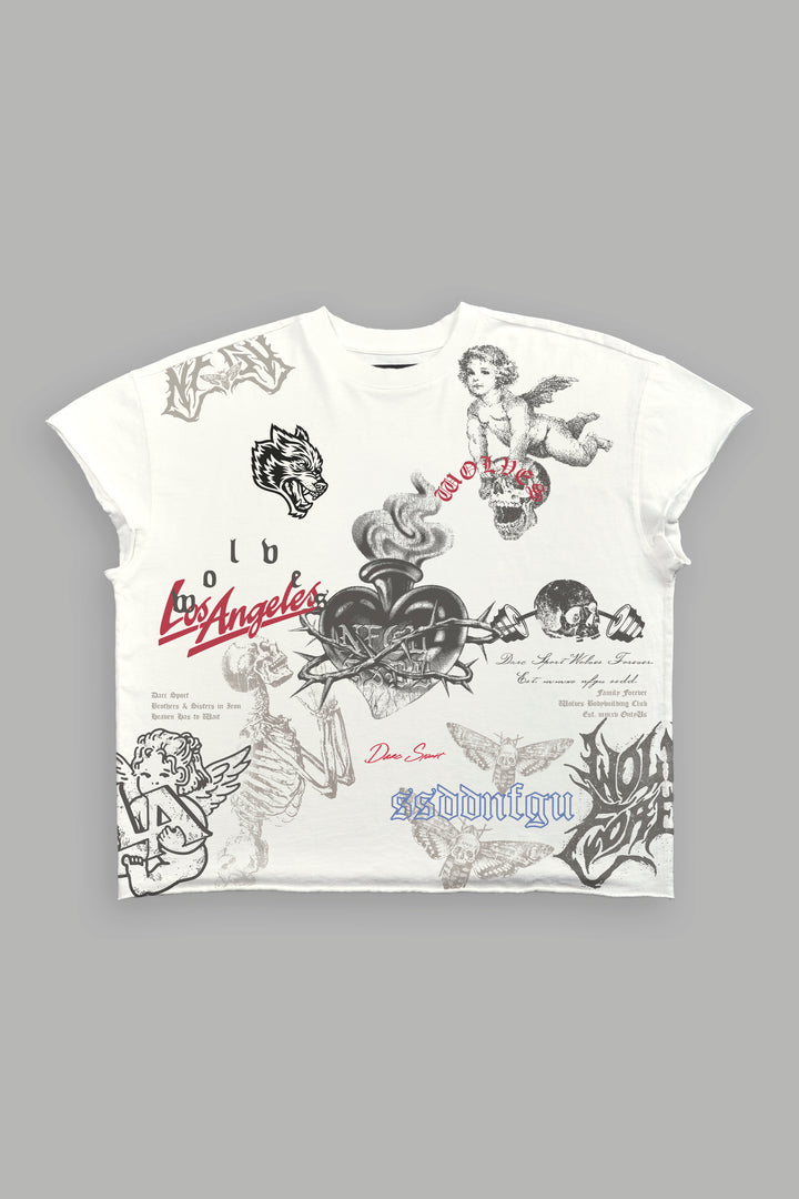 Homage To La Grunge Mid Length Raw Hem Cap Sleeve Tee in Cream