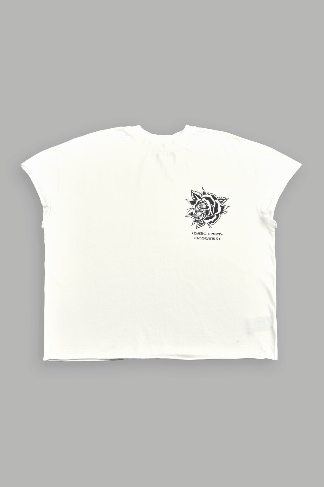 Wolf Head Rose Distressed Grunge Mid Length Raw Hem Cap Sleeve Tee in Cream