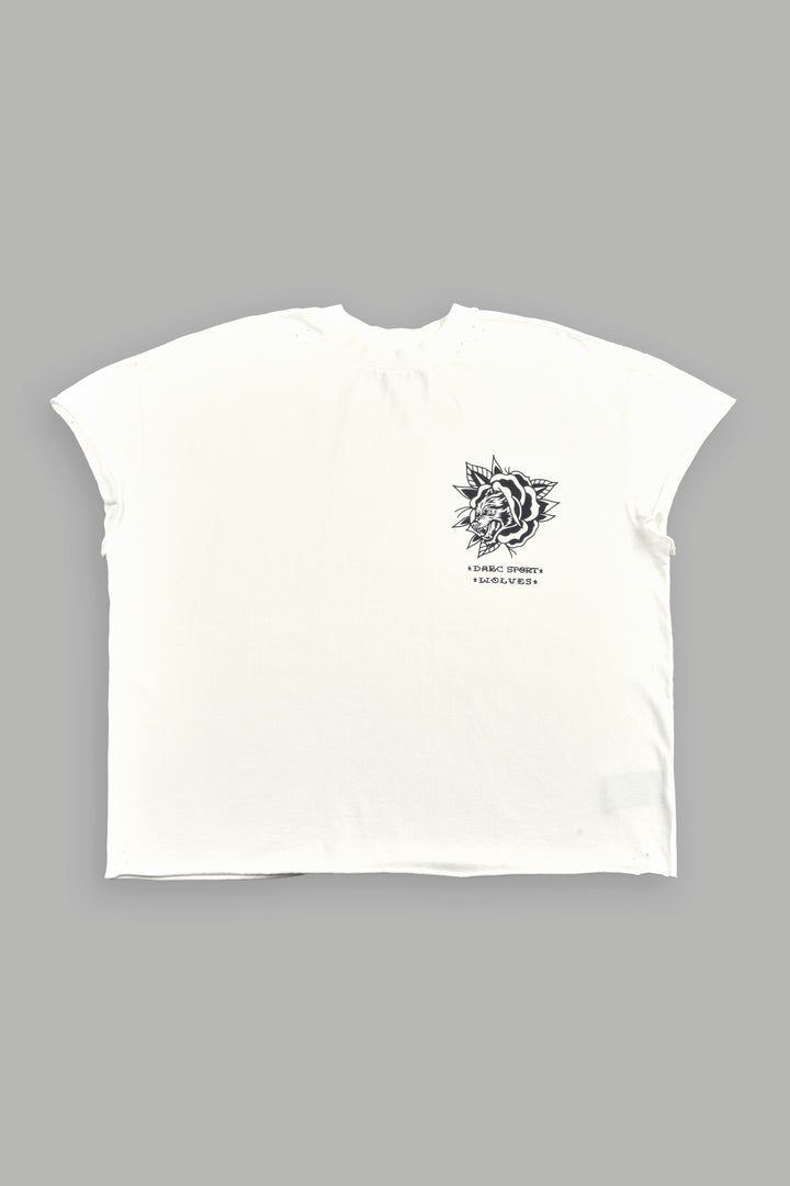 Wolf Head Rose Distressed Grunge Mid Length Raw Hem Cap Sleeve Tee in Cream