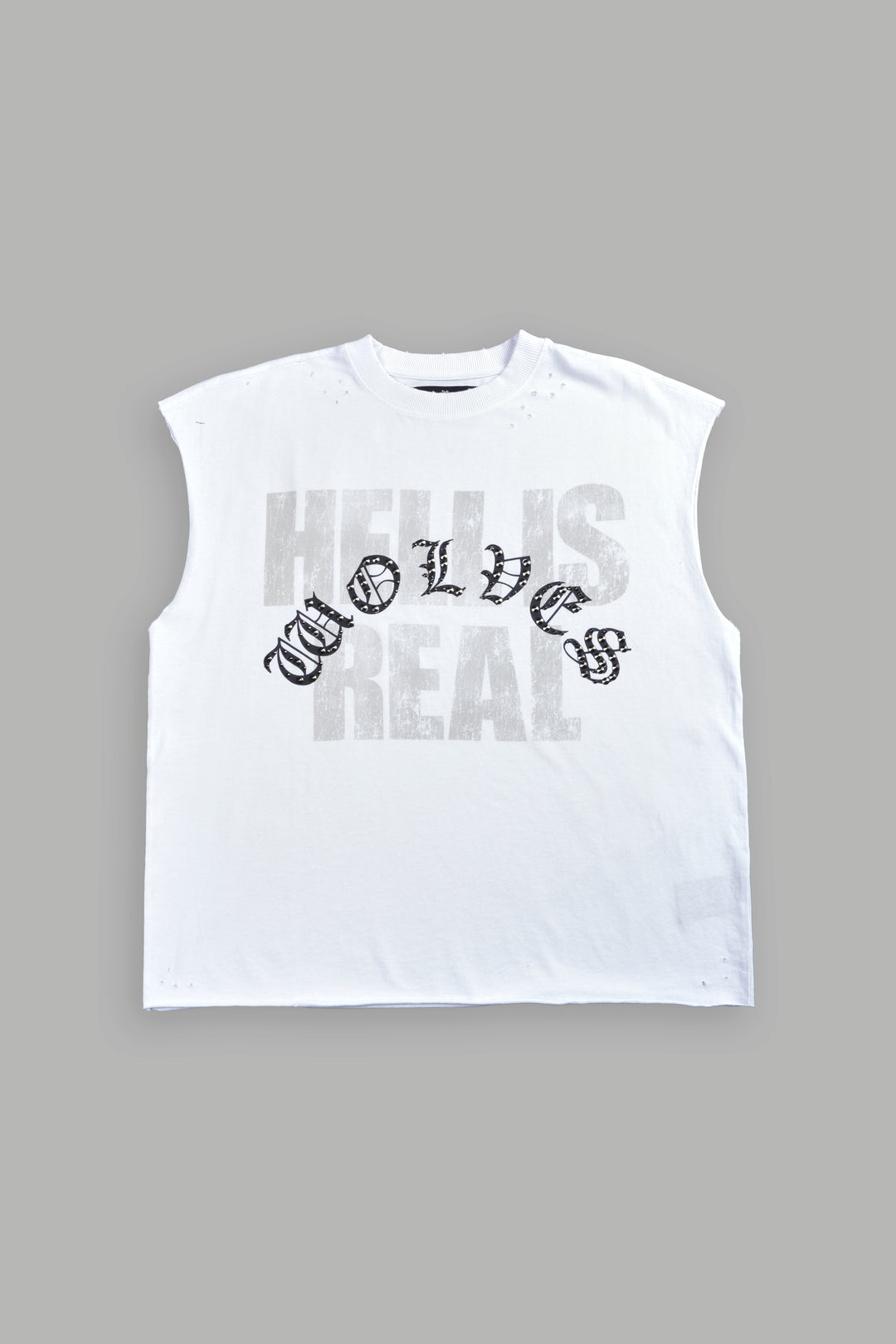 Hell is Real Distressed Grunge Mid-Length Raw Hem Muscle Tee in White