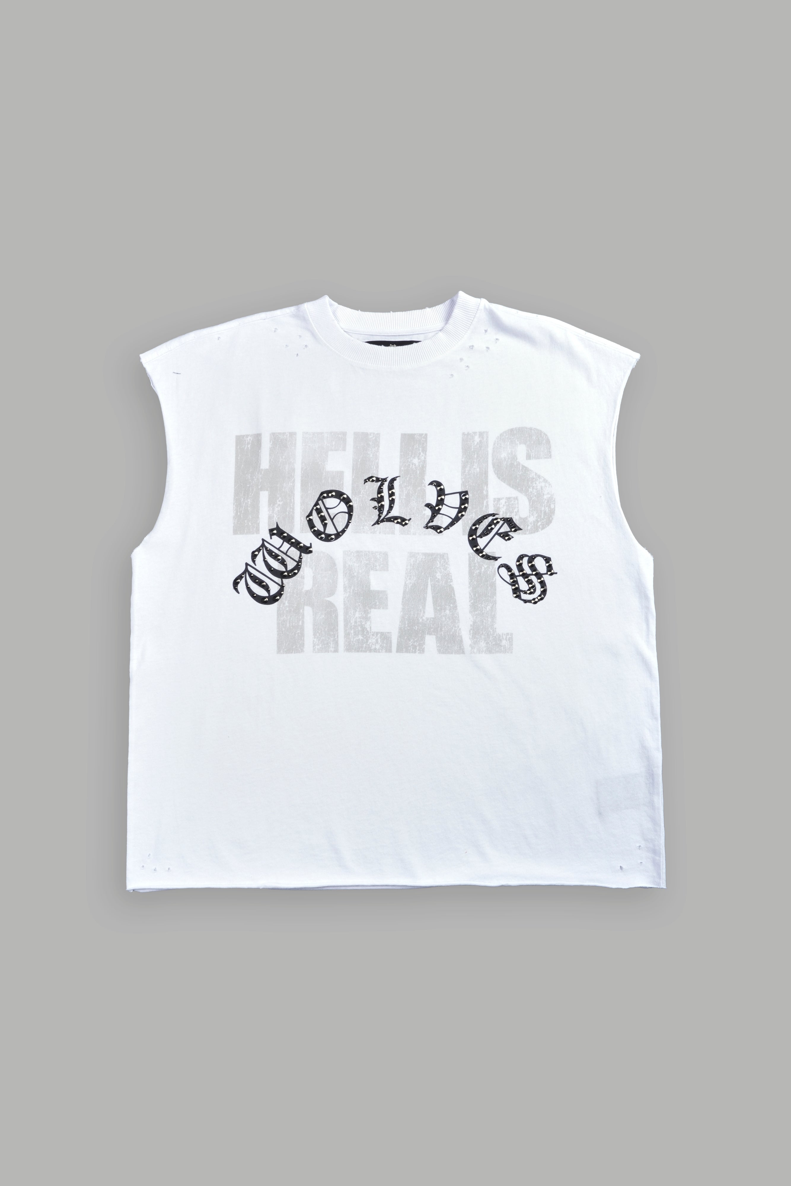 Hell is Real Distressed Grunge Mid-Length Raw Hem Muscle Tee in White