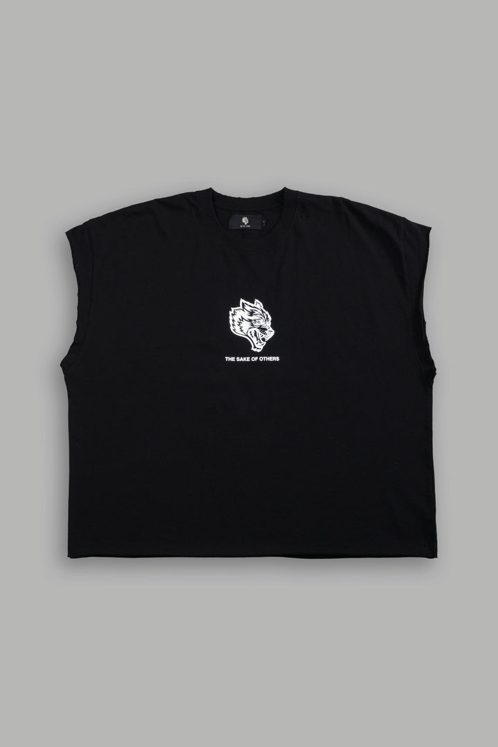 Holy Vow Distressed Grunge Cut-Off Mid-Length Raw Hem Tee in Black