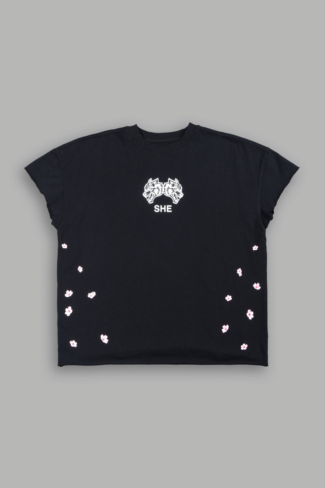 Sakura Hesh Grunge Mid Length Raw Hem Cap Sleeve Tee In Black