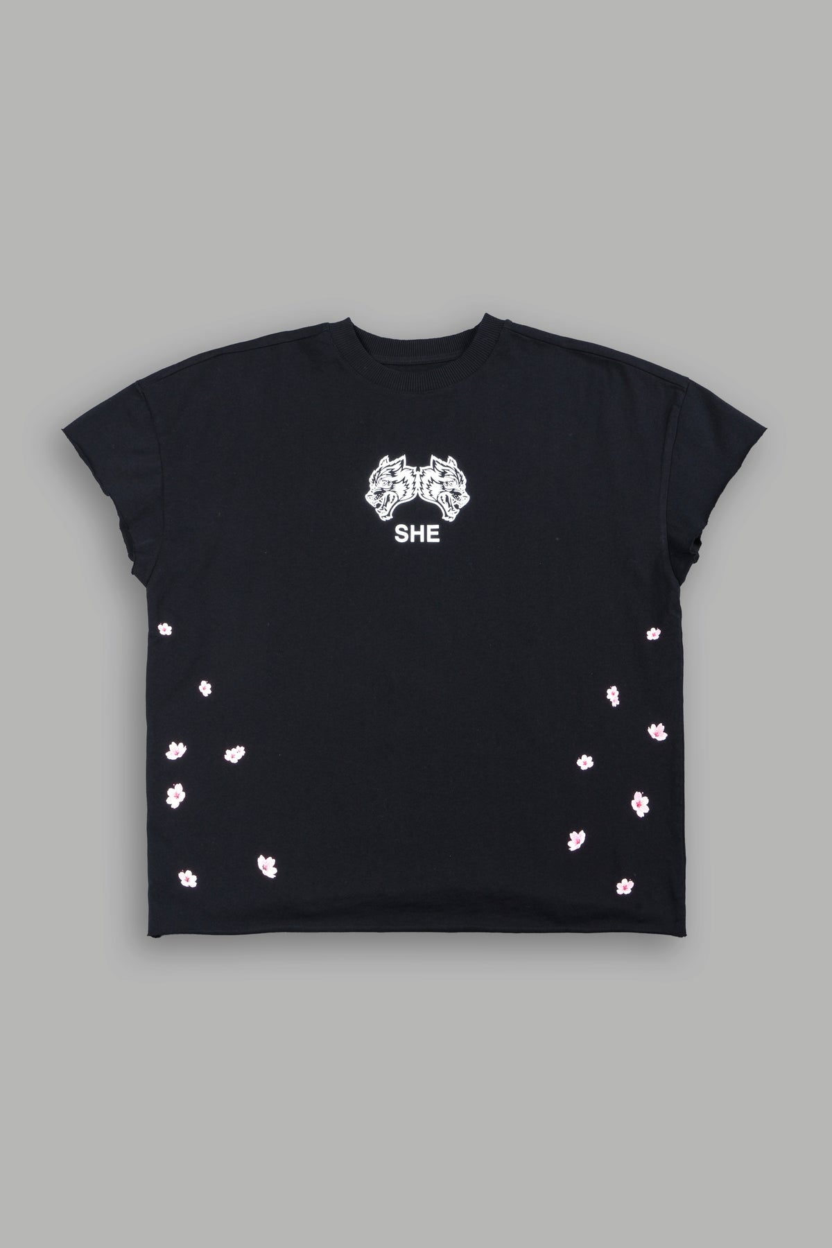 Sakura Hesh Grunge Mid Length Raw Hem Cap Sleeve Tee In Black