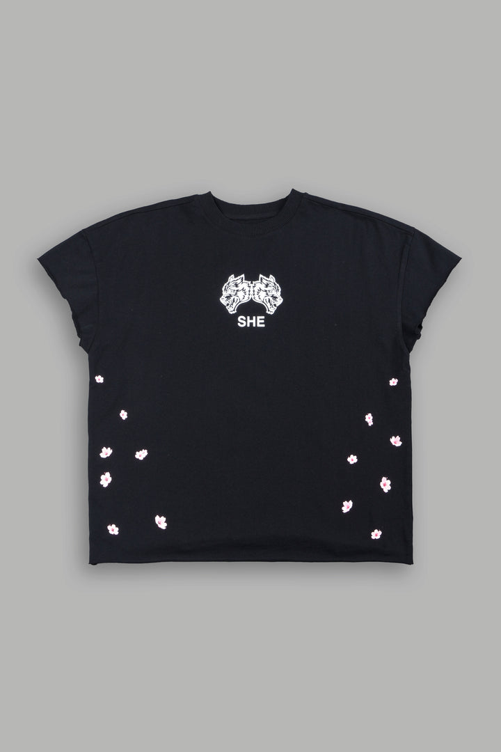 Sakura Hesh Grunge Mid Length Raw Hem Cap Sleeve Tee In Black
