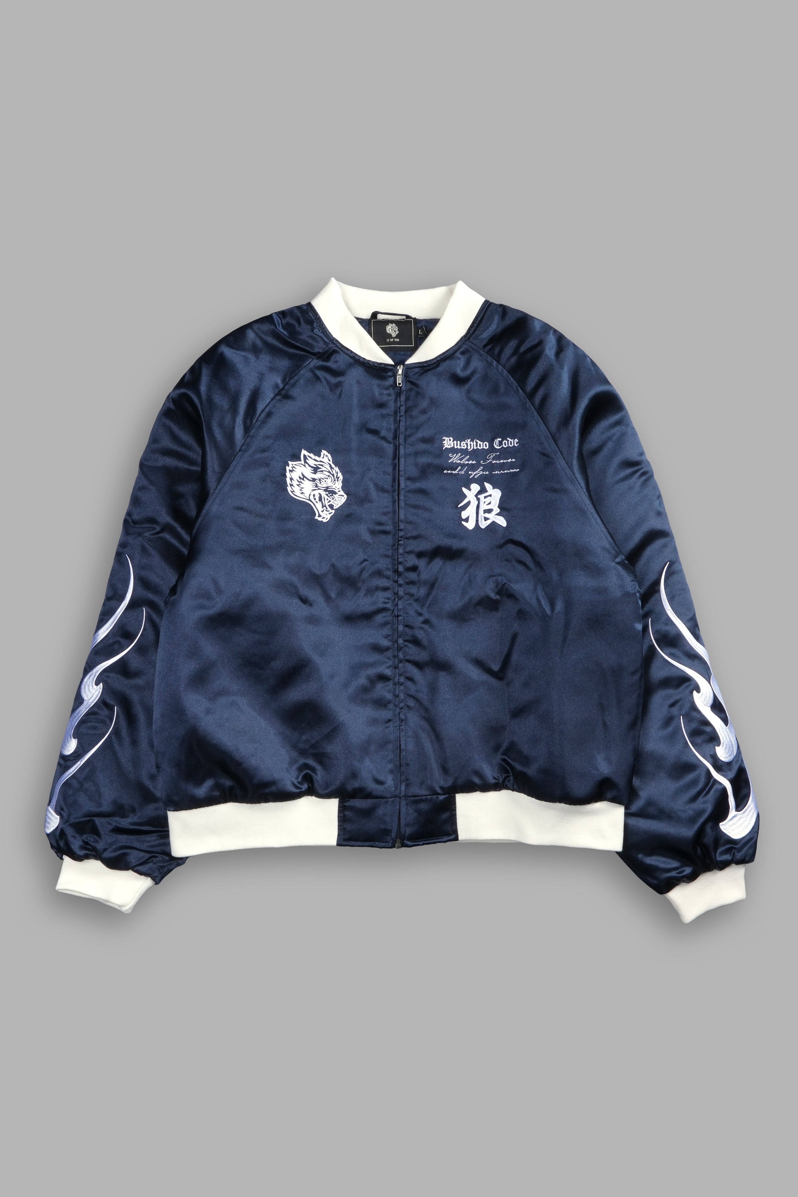 Okami Howl Satin Bomber Zip Jacket in Navy