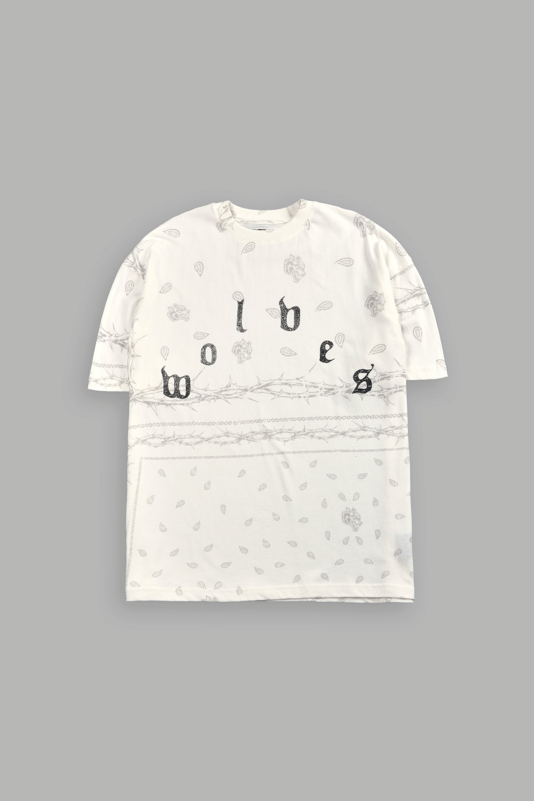 Studded Wolves Pyramid Premium Oversized Tee in Cream Thorn Paisley