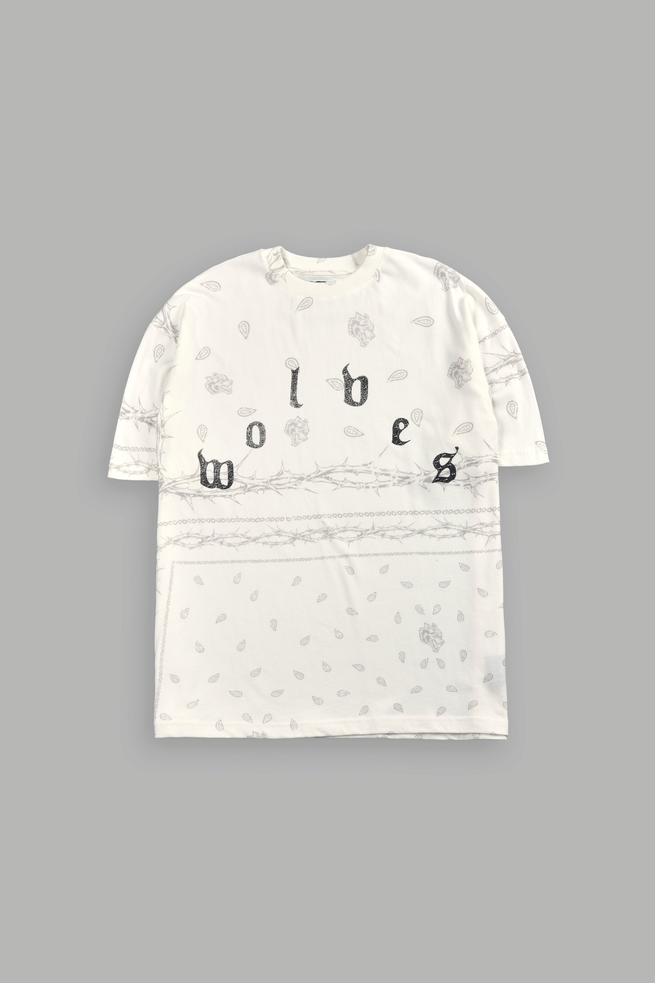 Studded Wolves Pyramid Premium Oversized Tee in Cream Thorn Paisley