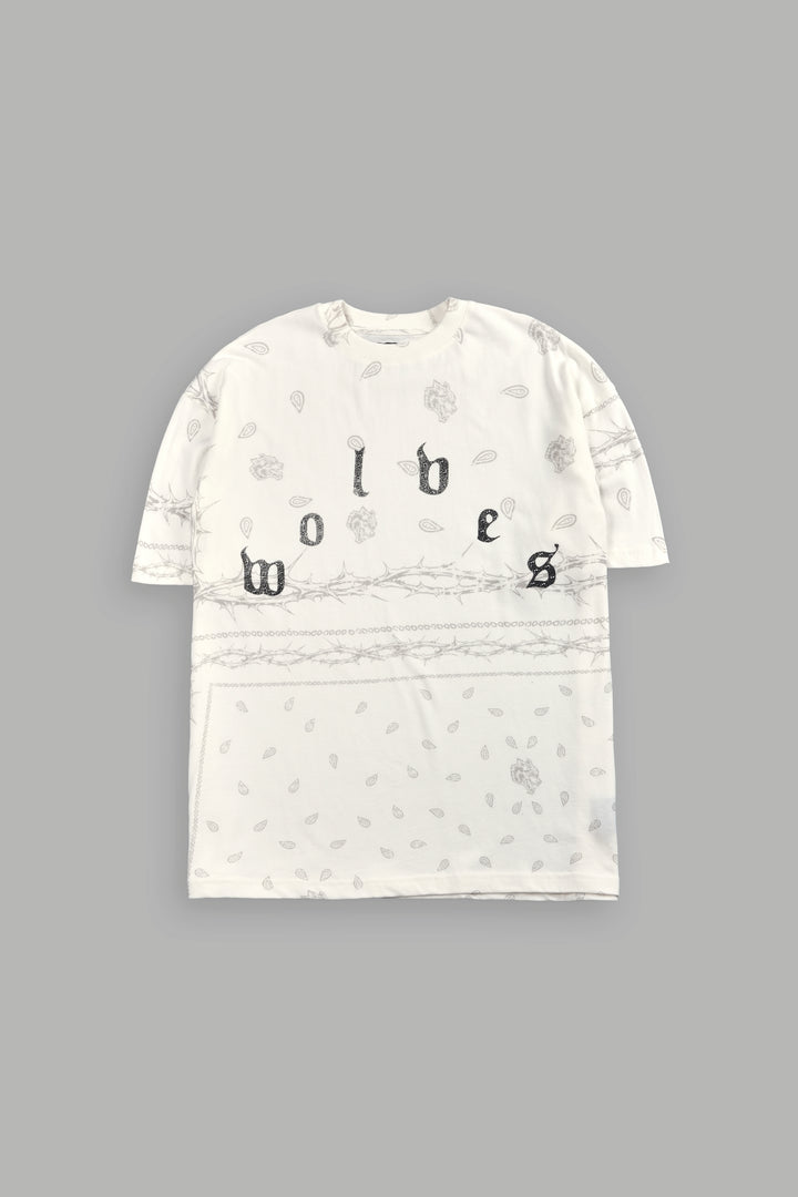 Studded Wolves Pyramid Premium Oversized Tee in Cream Thorn Paisley
