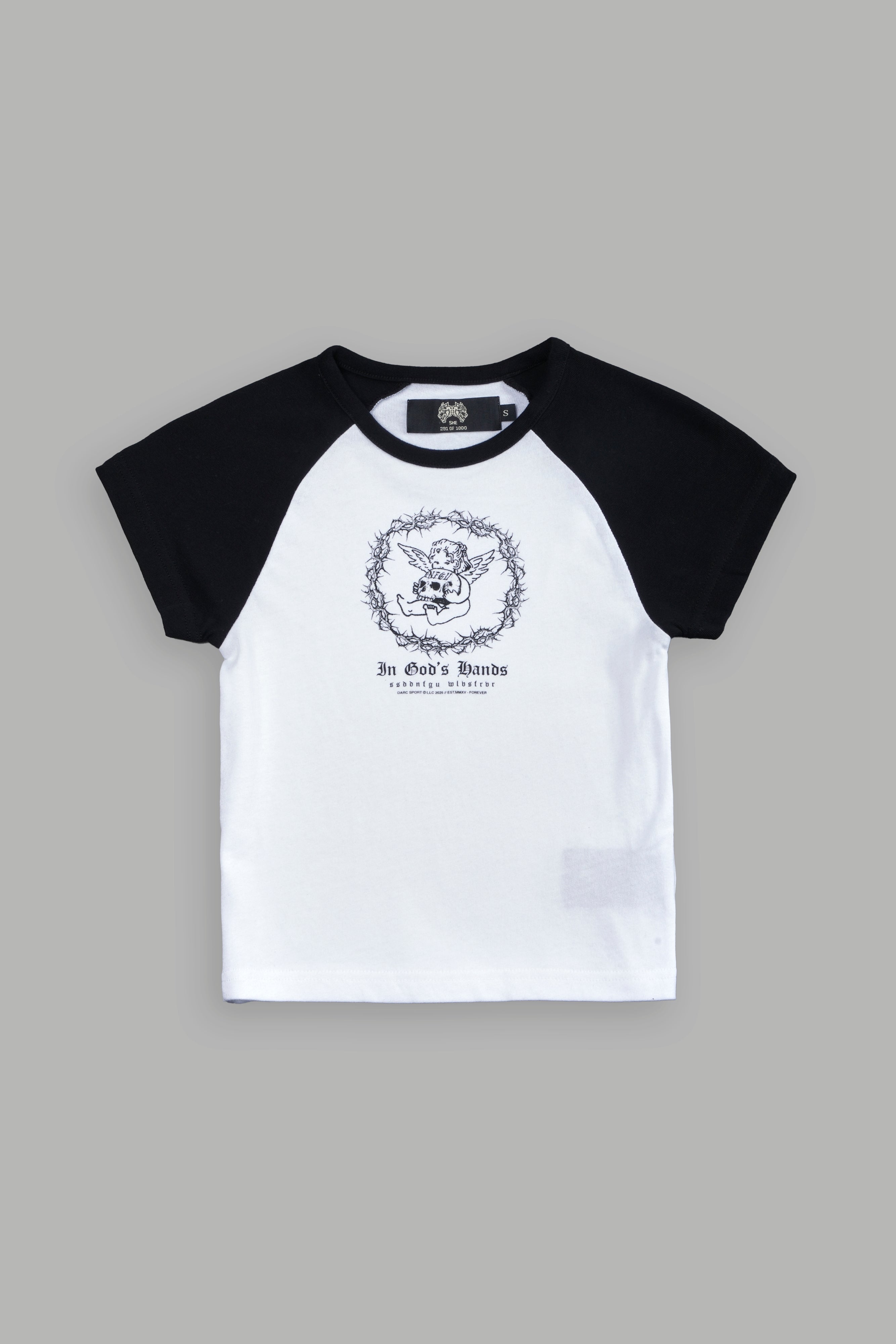 Cherub's Oath Lina Raglan "Baby" Tee in White/Black