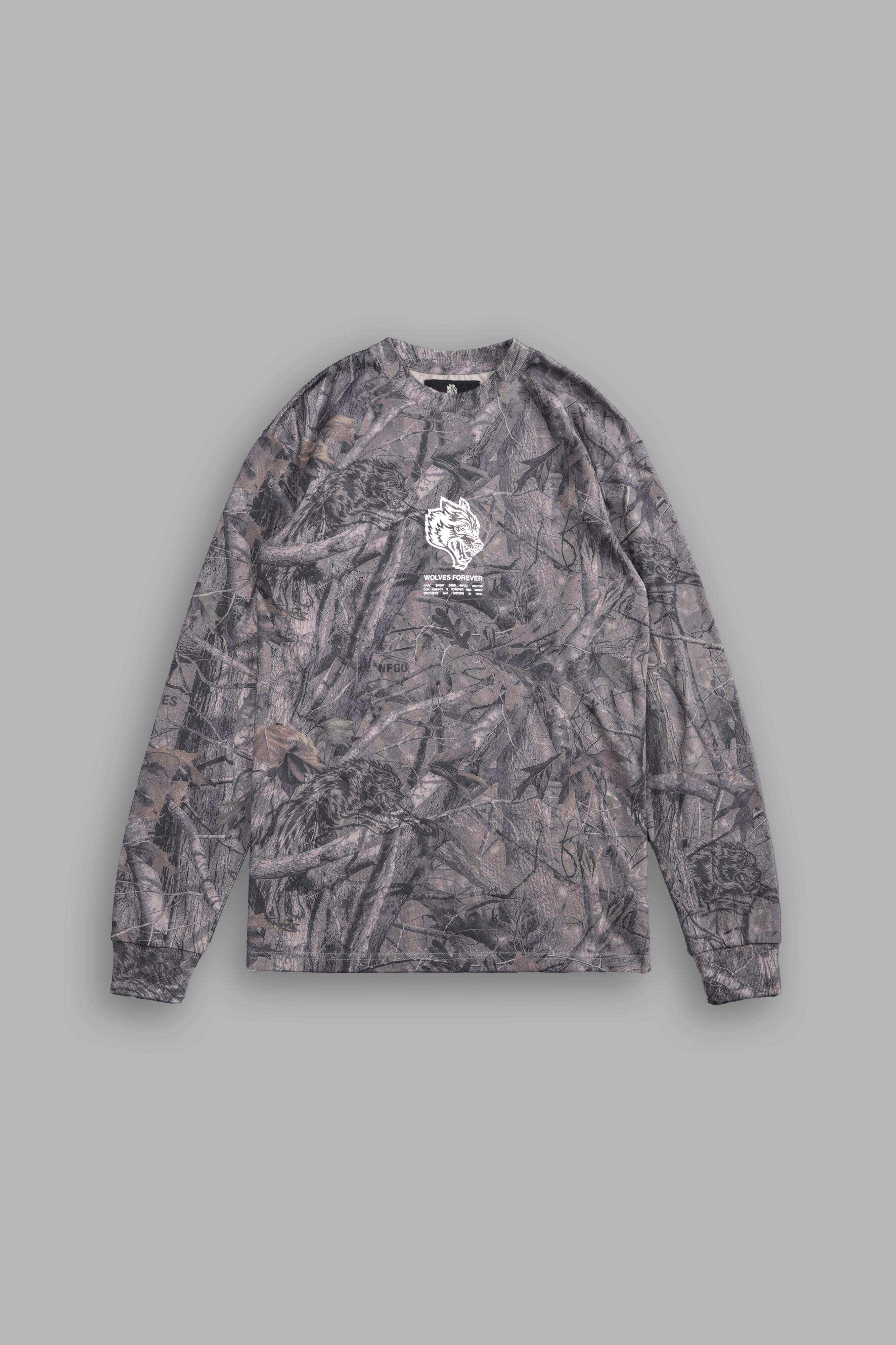 Wolves Have Your Back "Premium" L/S Tee in Driftwood Wolf Forest Camo