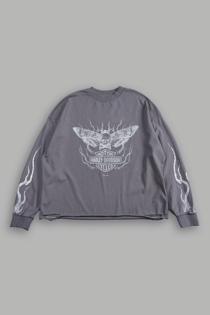 H-D Moth Inferno Distressed Grunge Box Cut Ls Tee in Slate Gray