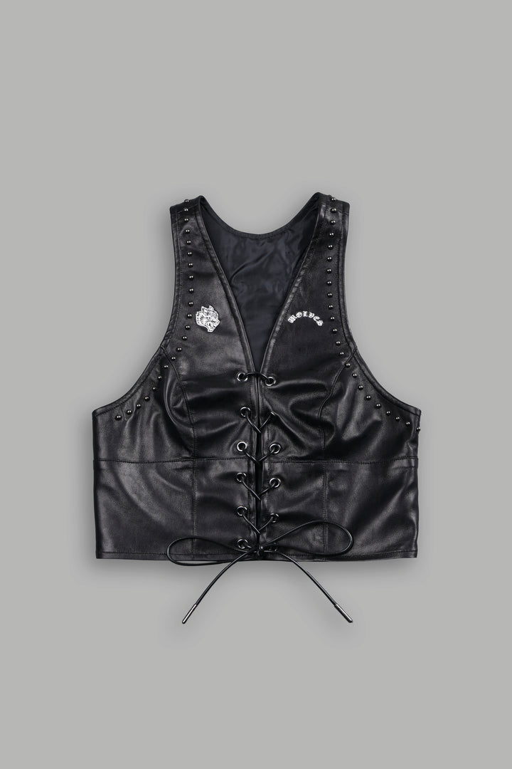 Wolf Chopper Leather Lace Up Top in Black