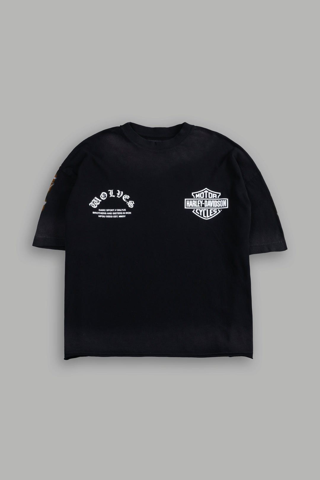 Iron Lightning Premium Unisex Raw Hem "Box Cut" Tee in Black Sun Fade