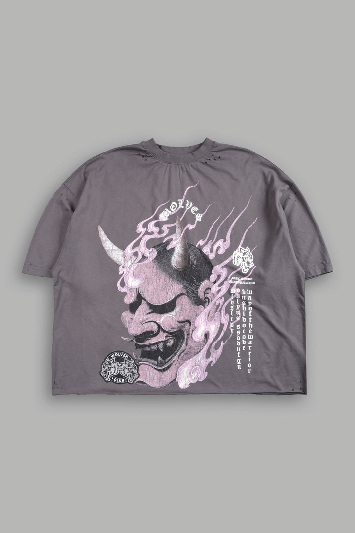 Wolves Club Oni Inferno Distressed Grunge Box Cut Tee V2 in Slate Gray