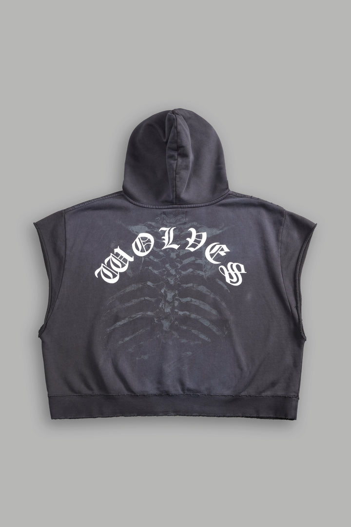 Bones Destroyed Grunge Gage Cap Sleeve Hoodie in Wolf Gray Drift Wash