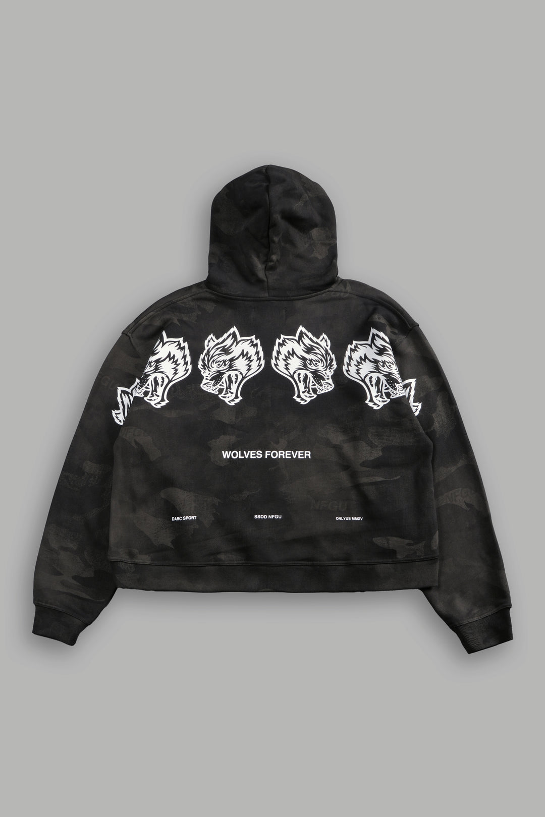 Wolves Have Your Back Unisex "Box Cut" Pierce Hoodie in Black Vintage Woodland Camo