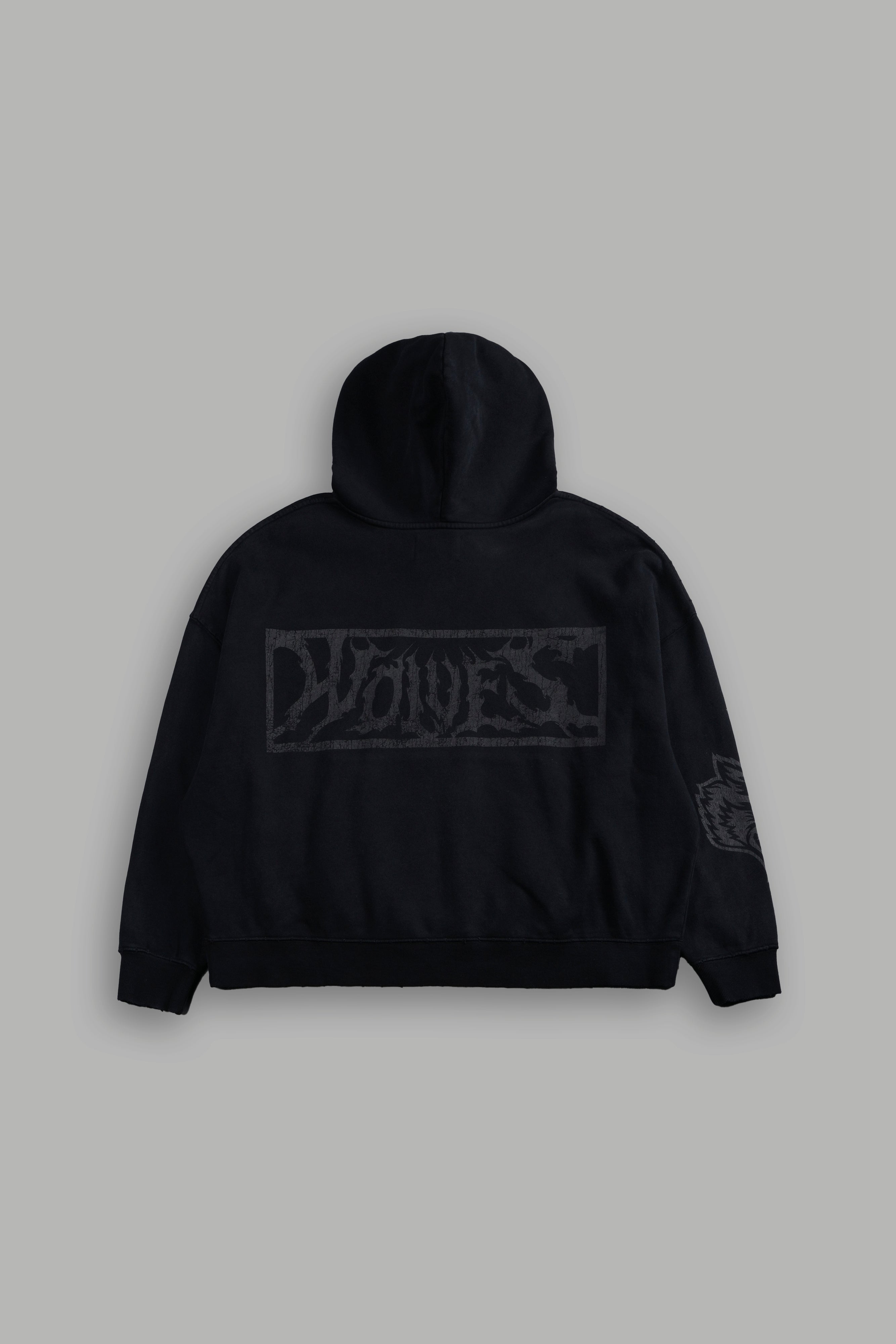 Shielded Heart Destroyed Grunge "Gage Box Cut" Hoodie in Black Drift Wash
