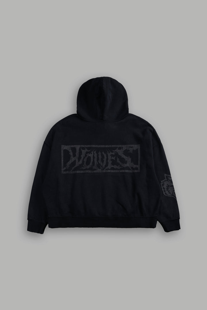 Shielded Heart Destroyed Grunge "Gage Box Cut" Hoodie in Black Drift Wash