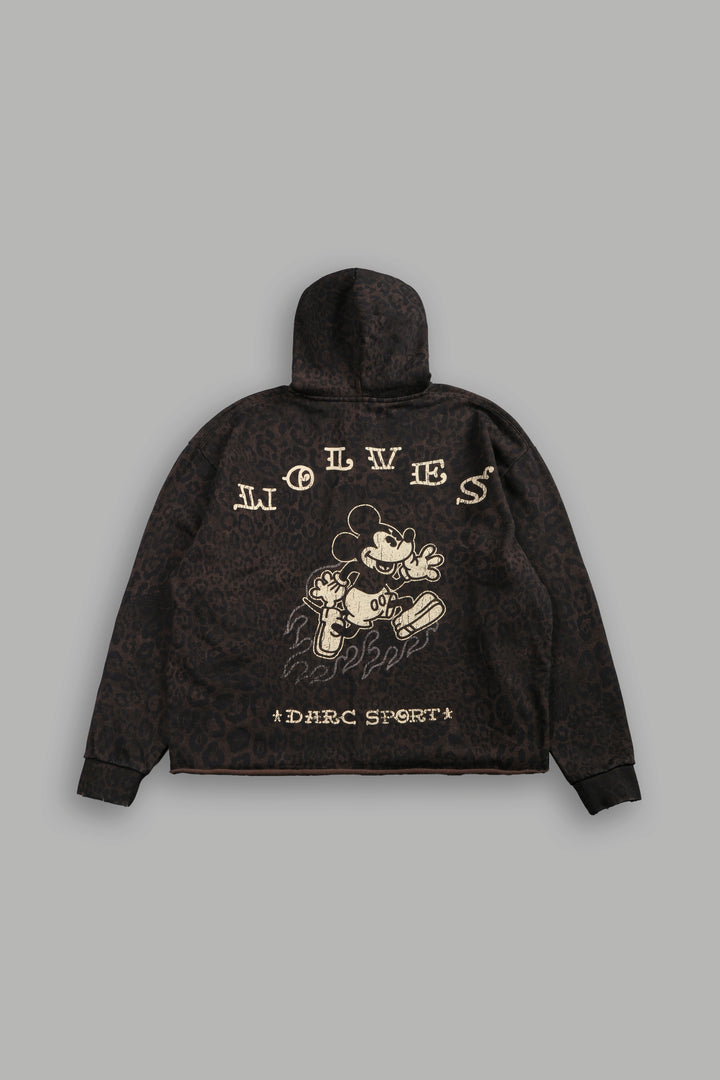 Mickey Mouse Pyramid Distressed Grunge Mid Length Raw Hem Zip Hoodie in Darc Brown Leopard