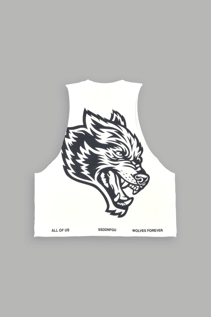 Big Wolf Head Grunge Raw Hem Box Cut Tommy Muscle Tee In Cream