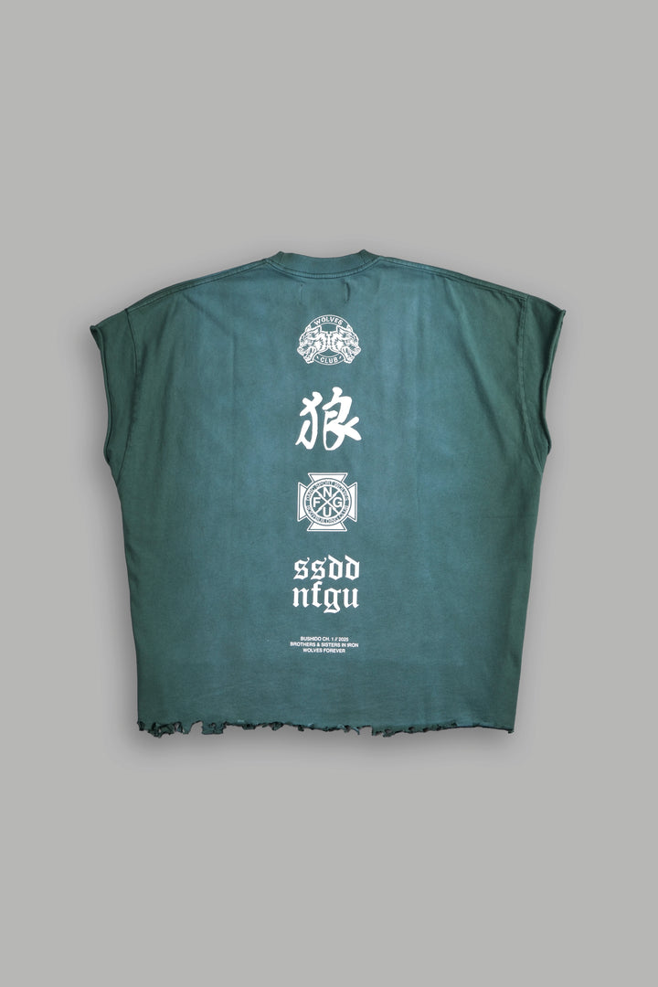 Wolves Flame Destroyed Grunge Cut-Off Tee in Norse Green Sun Fade