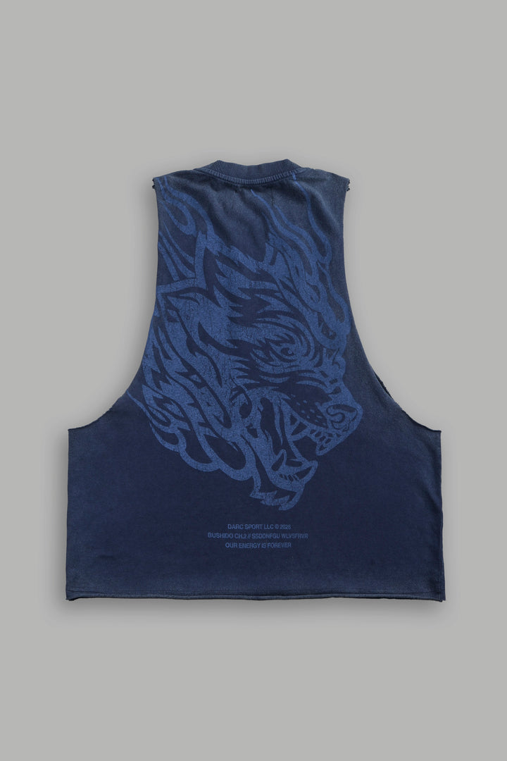 Okami Inferno Grunge Raw Hem Box Cut Tommy Muscle Tee in Navy