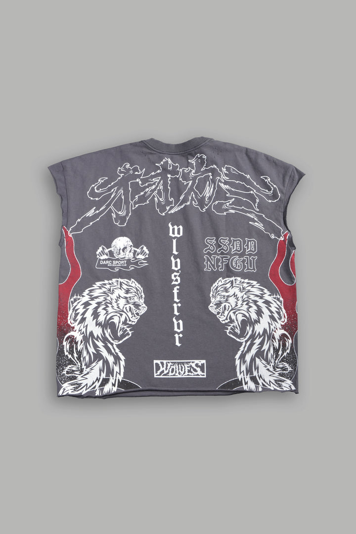 Our Code Distressed Grunge Cut Off Mid Length Raw Hem Tee in Slate Gray