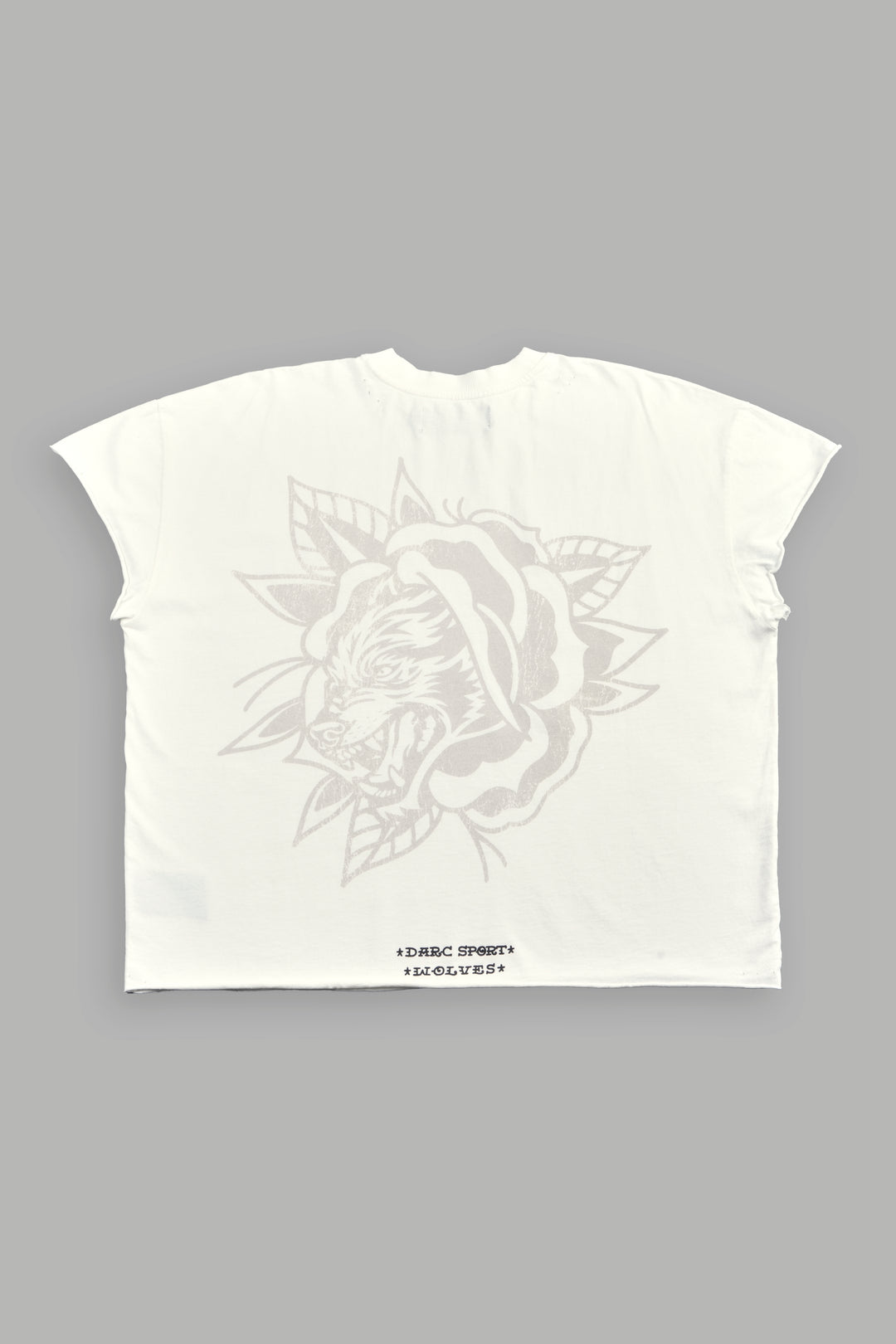 Wolf Head Rose Distressed Grunge Mid Length Raw Hem Cap Sleeve Tee in Cream