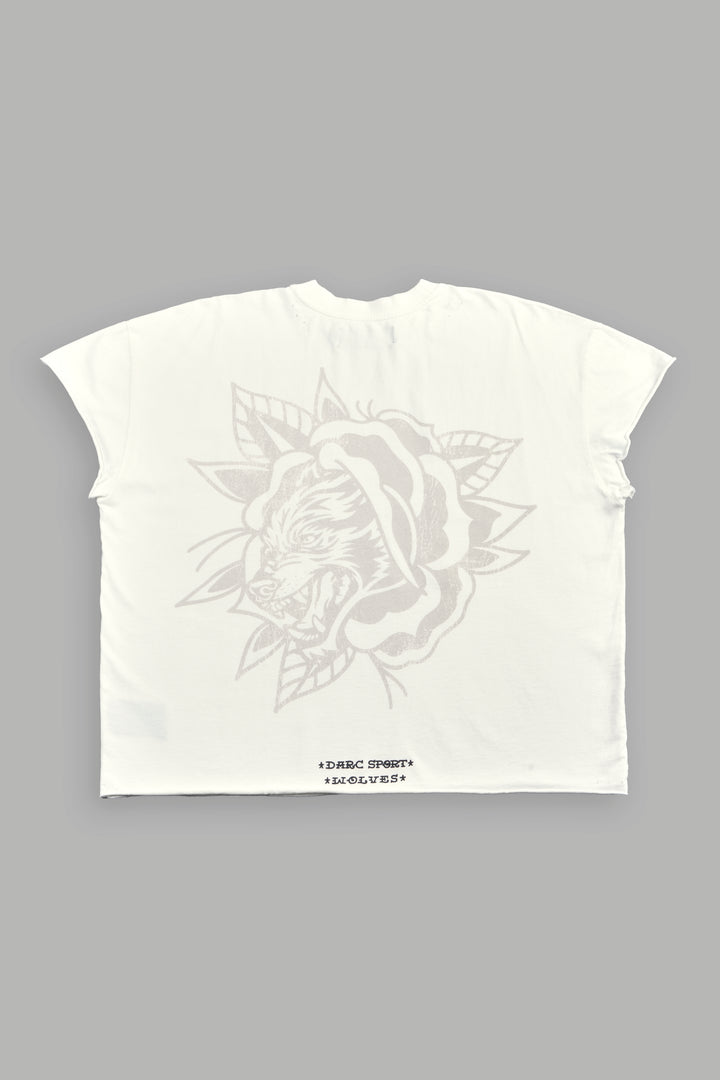 Wolf Head Rose Distressed Grunge Mid Length Raw Hem Cap Sleeve Tee in Cream