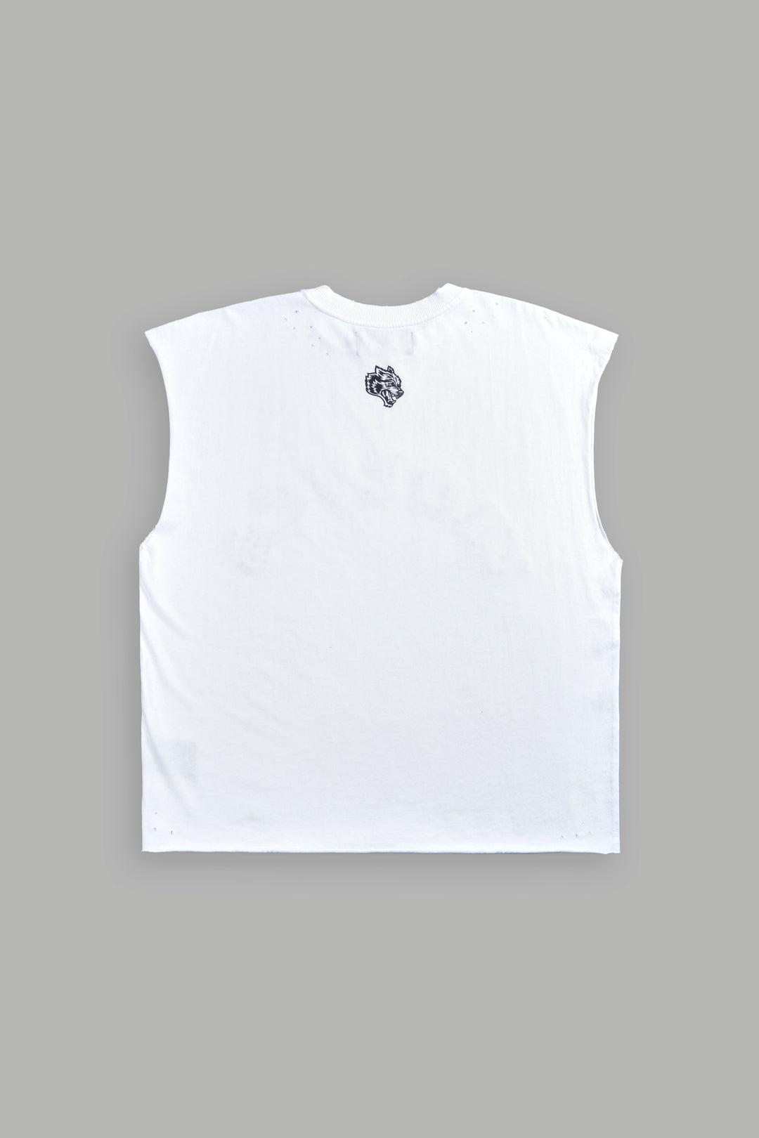 Hell is Real Distressed Grunge Mid-Length Raw Hem Muscle Tee in White