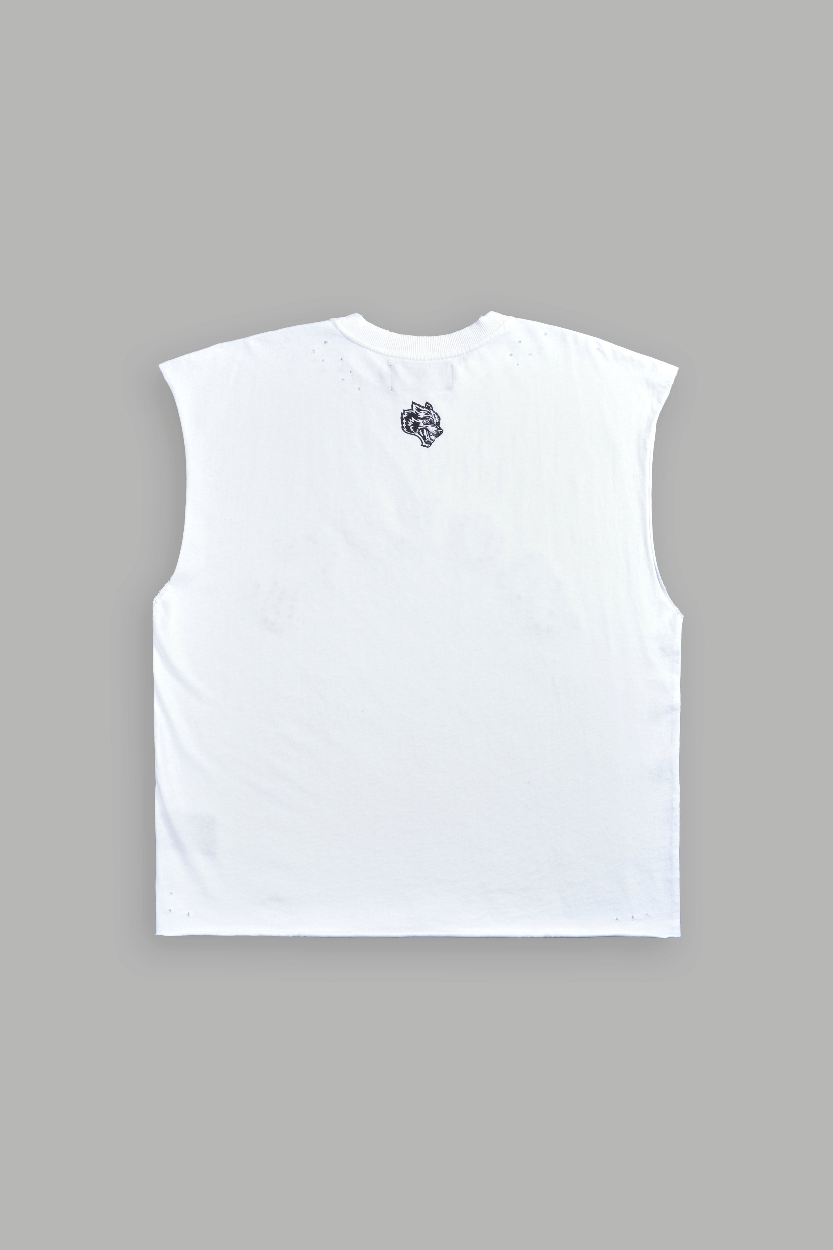 Hell is Real Distressed Grunge Mid-Length Raw Hem Muscle Tee in White