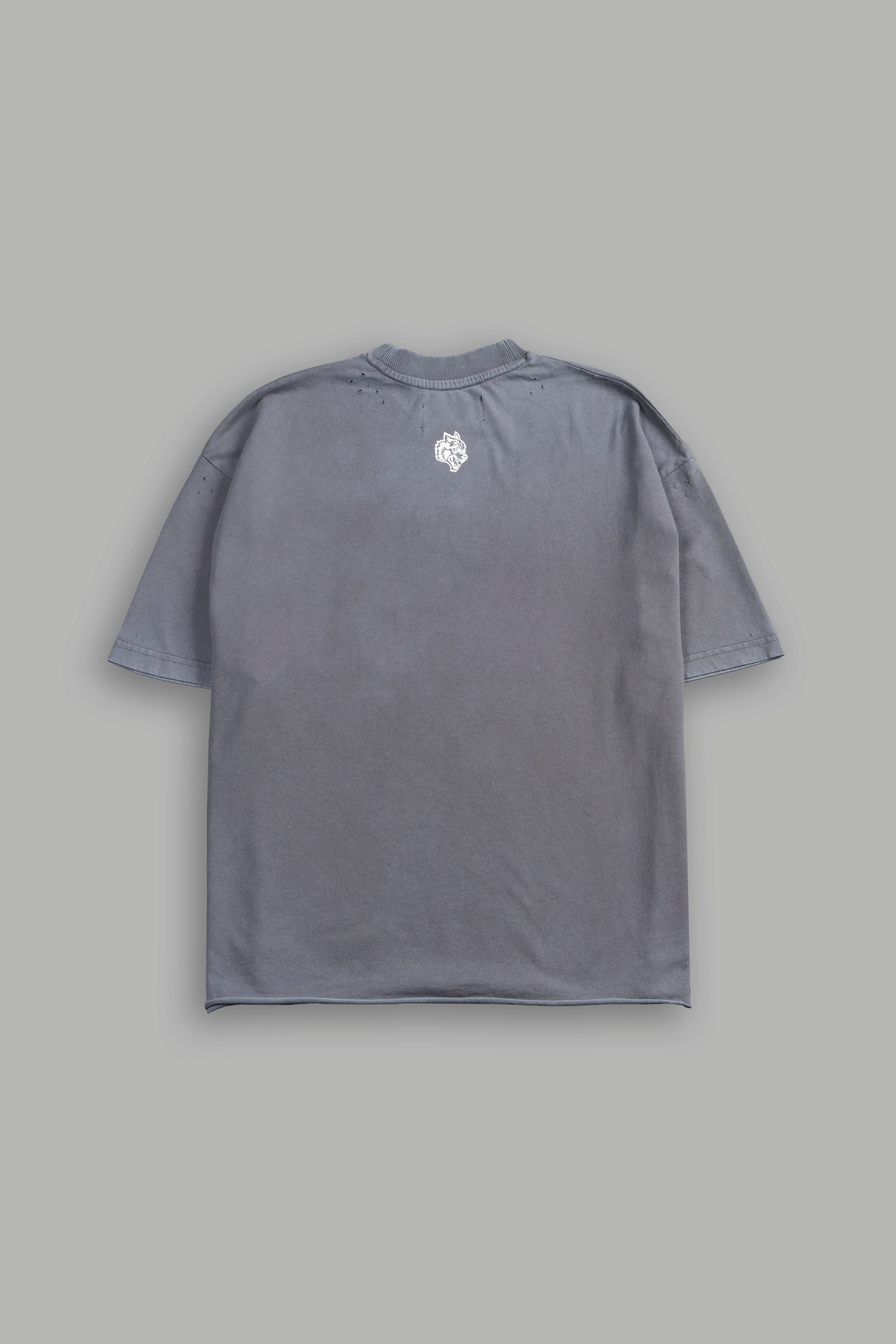 Darc Blossom Distressed Grunge Mid Length Raw Hem Tee in Slate Gray