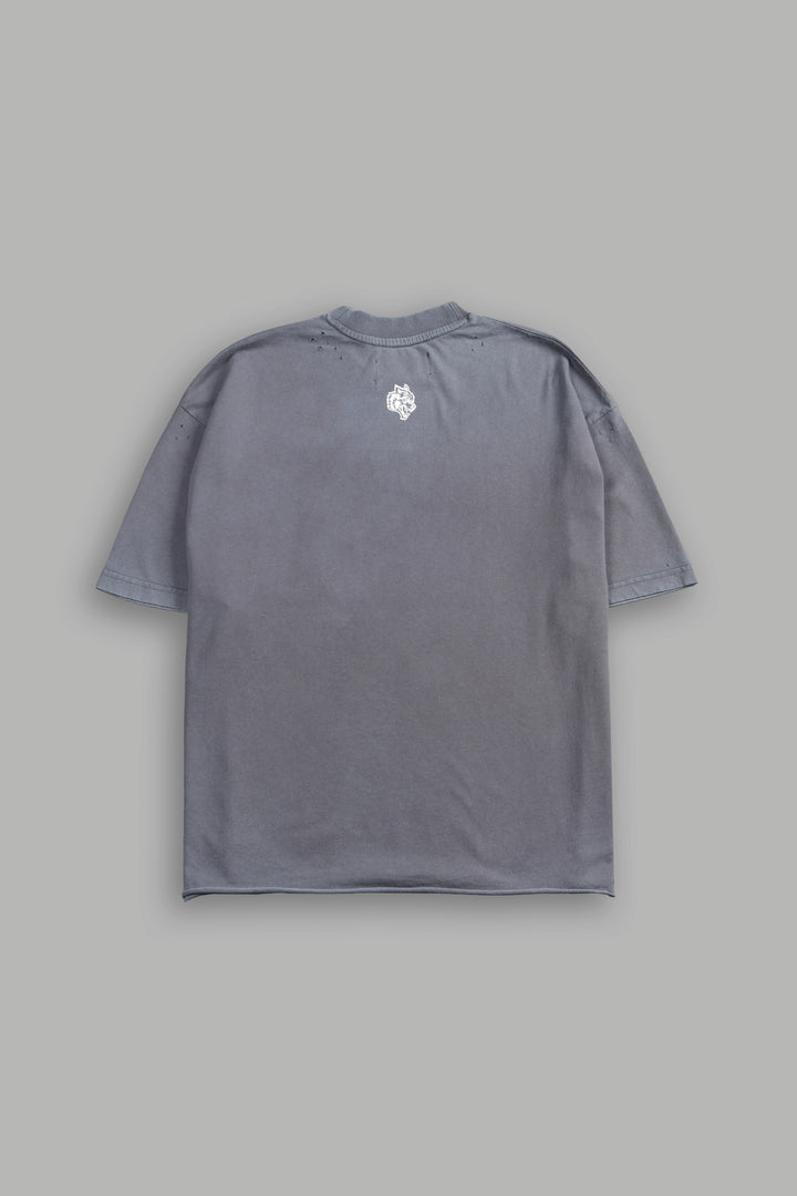 Darc Blossom Distressed Grunge Mid Length Raw Hem Tee in Slate Gray