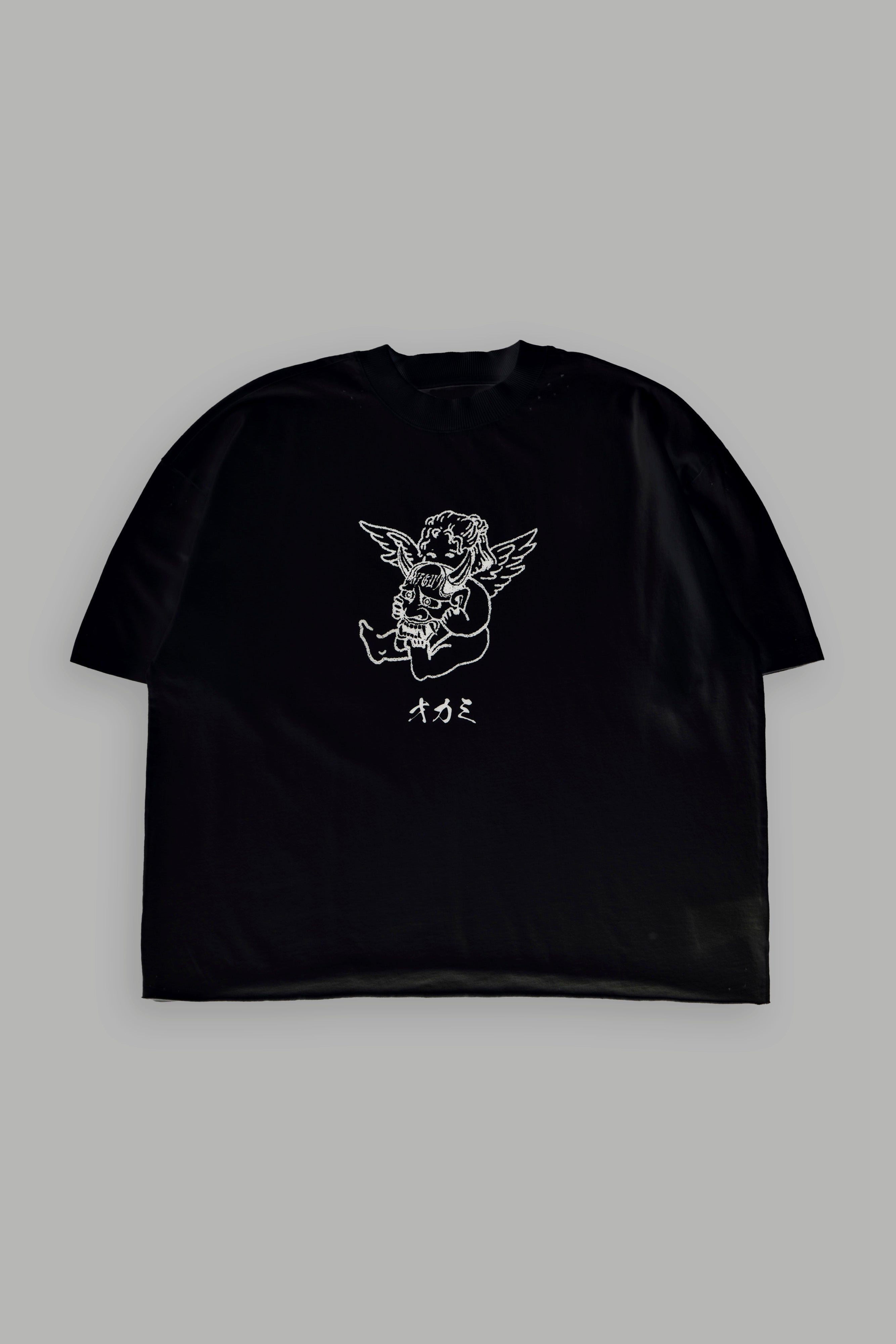 Oni Cherub Distressed Grunge Mid Length Raw Hem Tee in Black